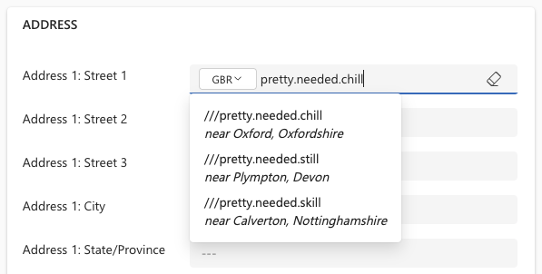 Picklist of what3word address options