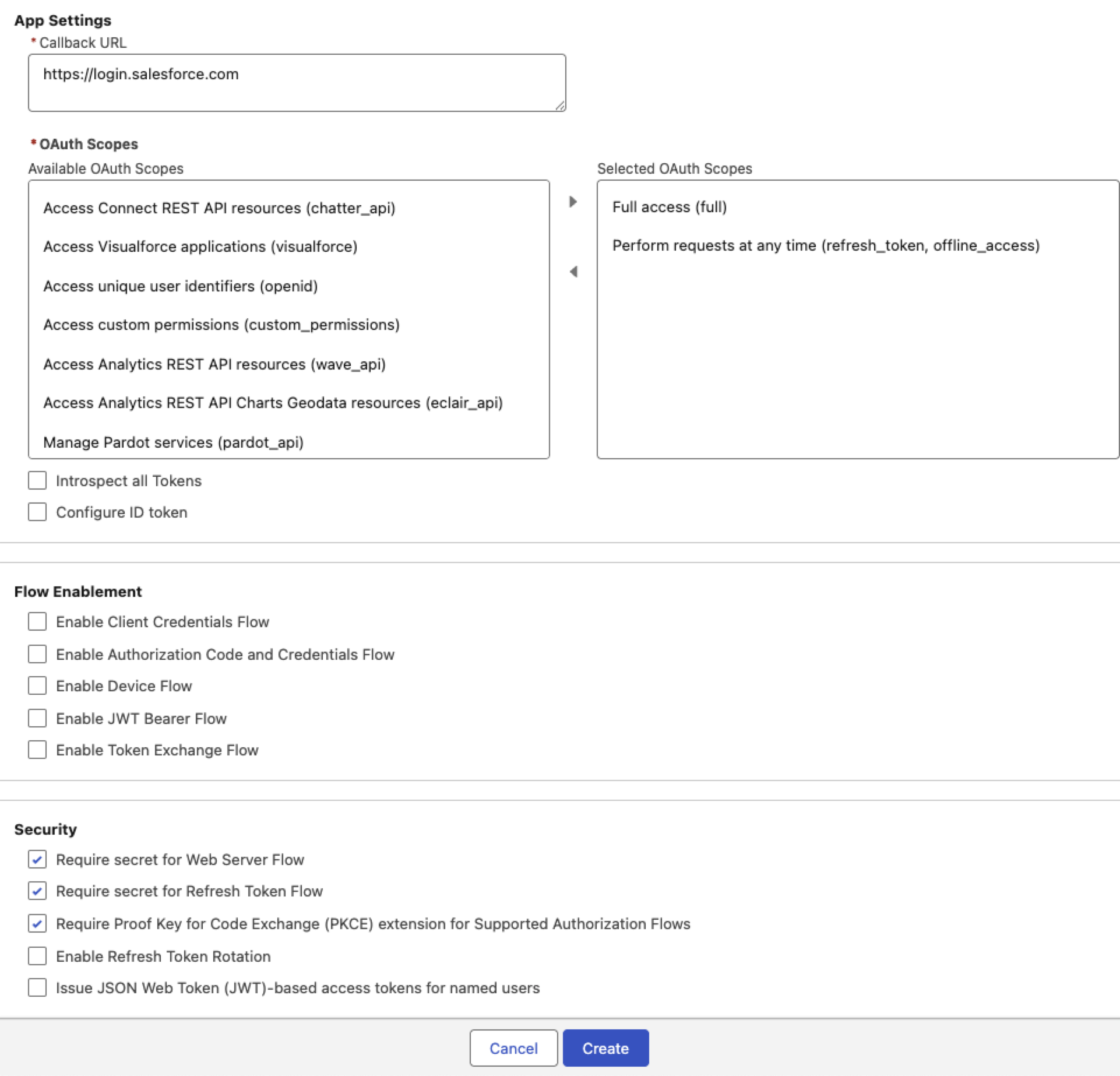 API (Enable OAuth Settings) options