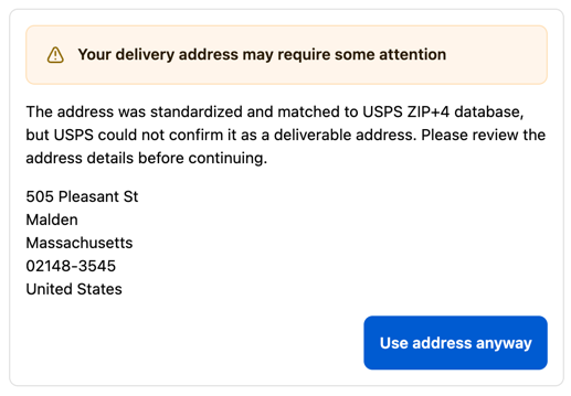 Accepted address undeliverable according to DPV indicator