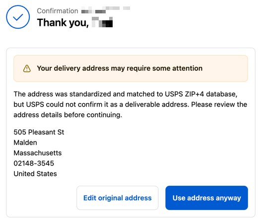 Accepted address undeliverable according to DPV indicator